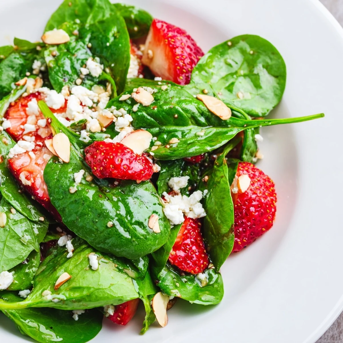 Fresh, vibrant Strawberry Spinach Salad featuring sweet strawberries and toasted almonds with tangy dressing.