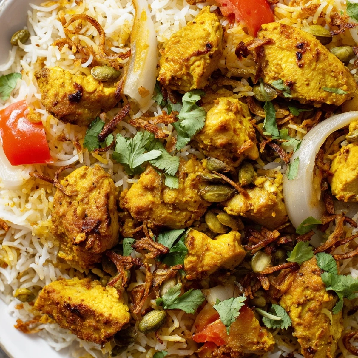 Steaming pot of Easy Chicken Biryani: fluffy rice and tender chicken, a comforting Indian dish.