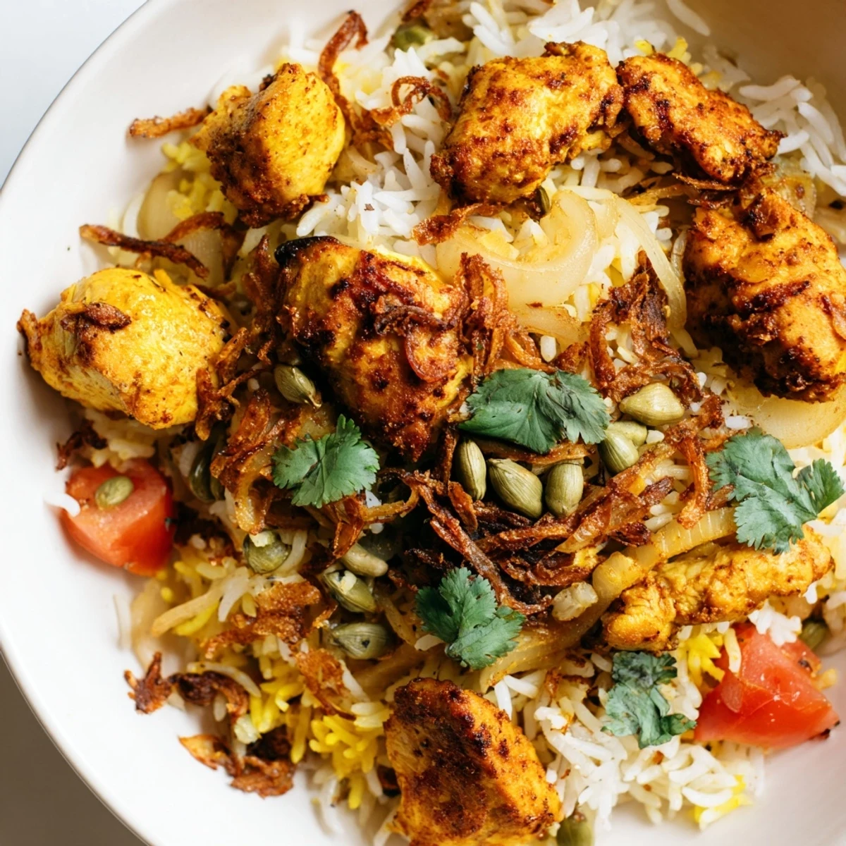 Golden-hued Easy Chicken Biryani, garnished with cilantro, offers a taste of flavorful, spiced comfort.