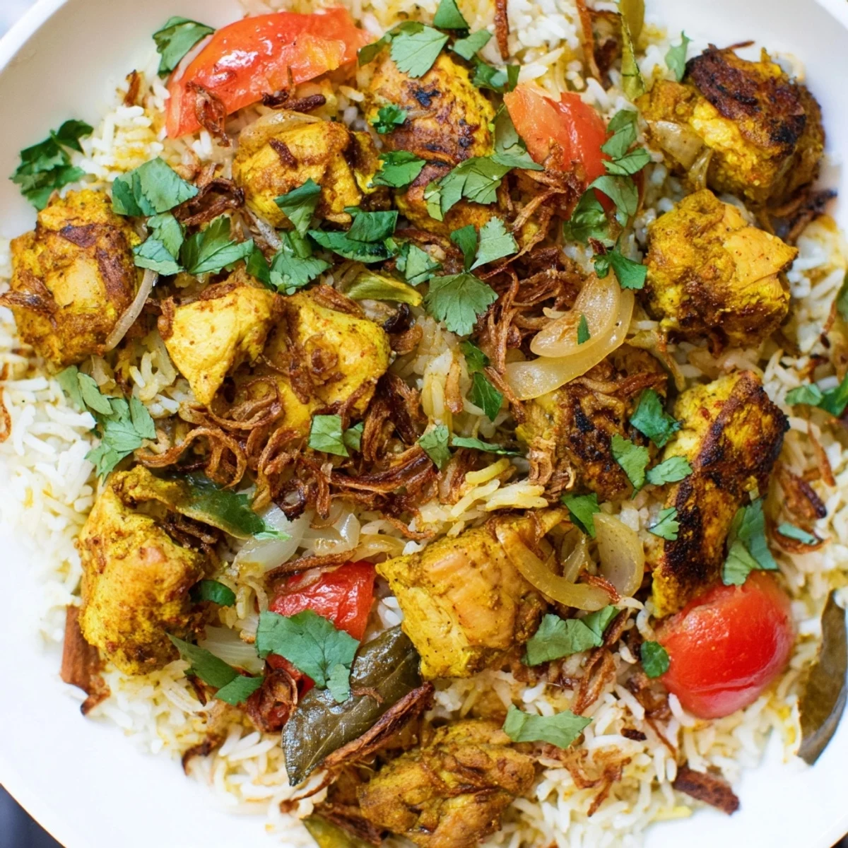 Close-up of Easy Chicken Biryani featuring perfectly cooked rice, chicken, and aromatic spices ready to eat.