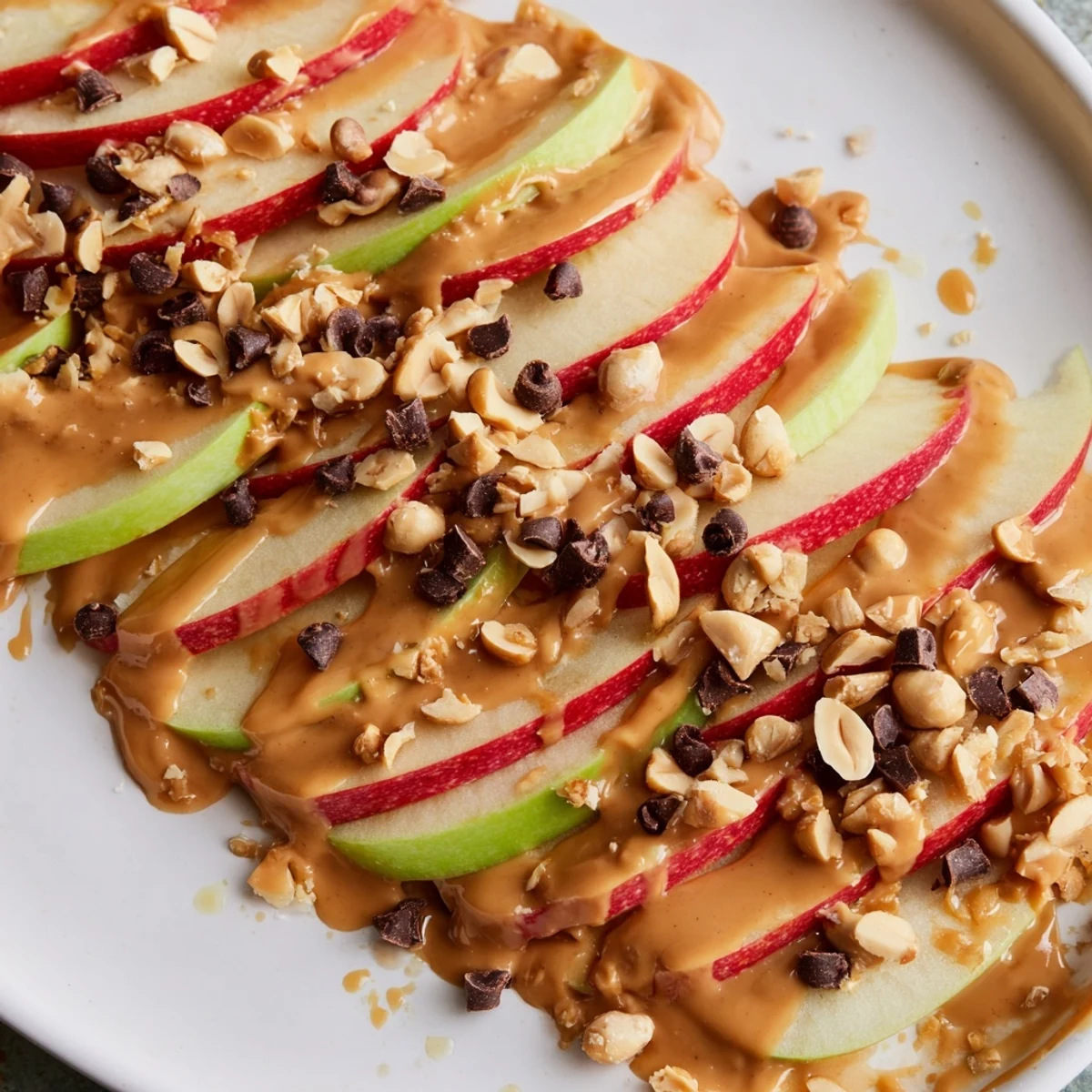 Crisp apple slices covered in peanut butter, a delightful Peanut Butter Apple Nachos snack.