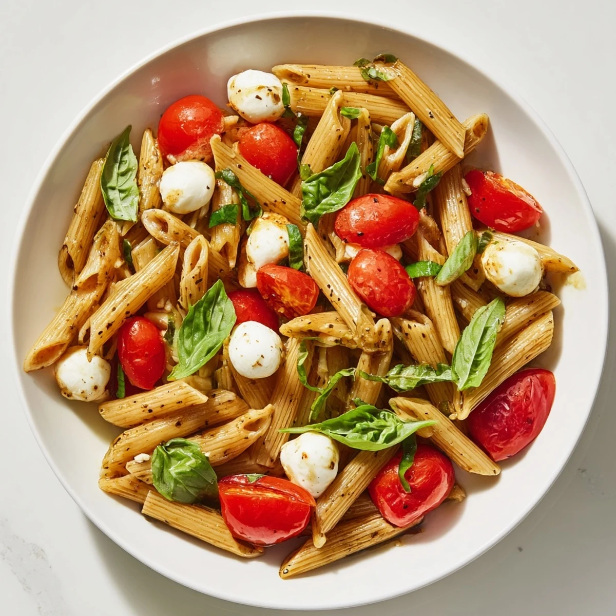 Vibrant Caprese Pasta Salad, showcasing juicy tomatoes, creamy mozzarella, and basil, ready to eat!