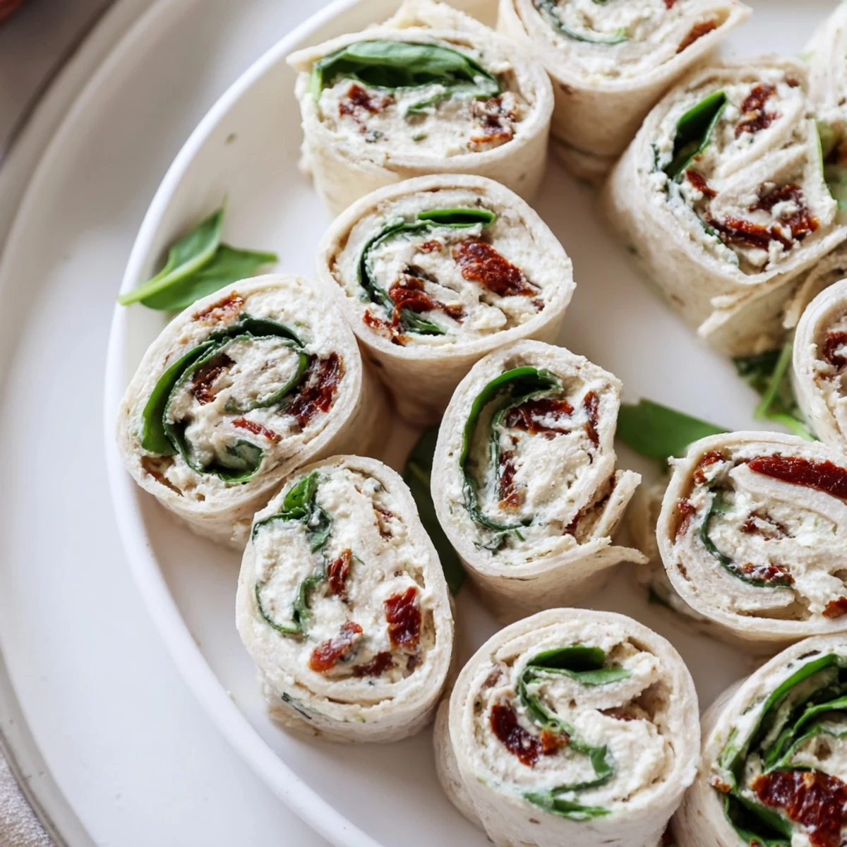 Close-up of vibrant Sun-Dried Tomato Turkey Roll-Ups, showcasing cream cheese and fresh basil filling.