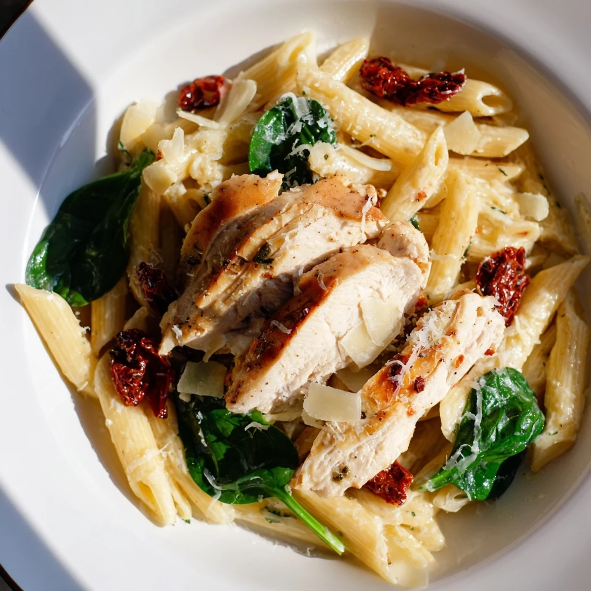 Flavorful Creamy Tuscan Chicken Pasta, garnished with fresh basil, offering a rich, creamy sauce.