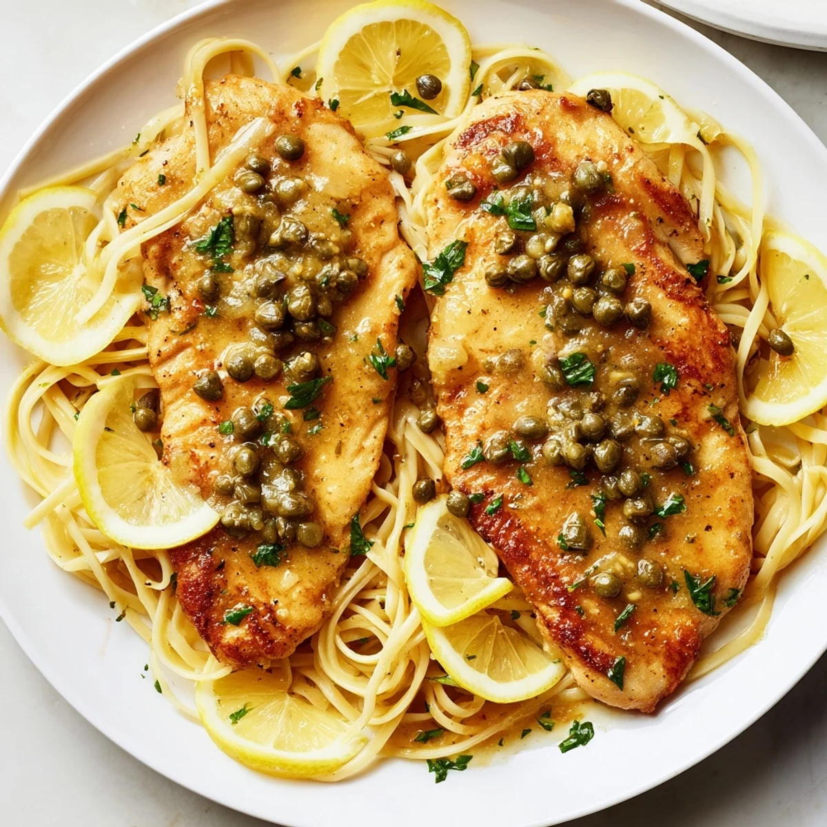 Golden-brown Quick Chicken Piccata Pasta with lemon sauce, capers, and fresh parsley, ready to eat.