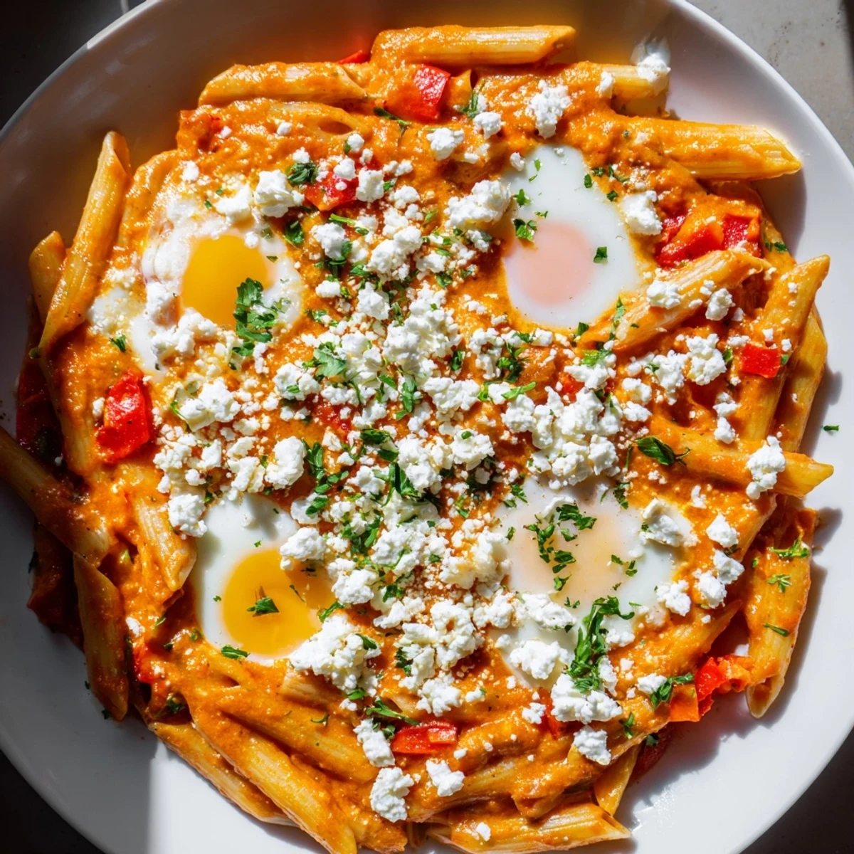 Quick Shakshuka Pasta with a beautifully runny egg yolk, ready to serve and enjoy.