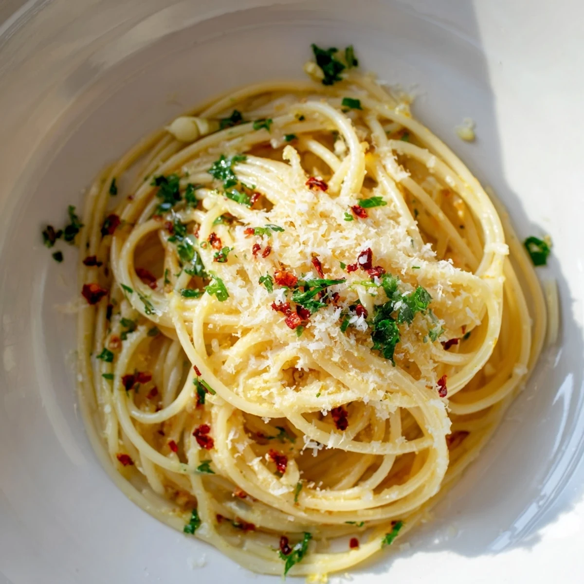 Quick and easy Aglio e Olio express pasta, finished with red chili flakes and fresh herbs.