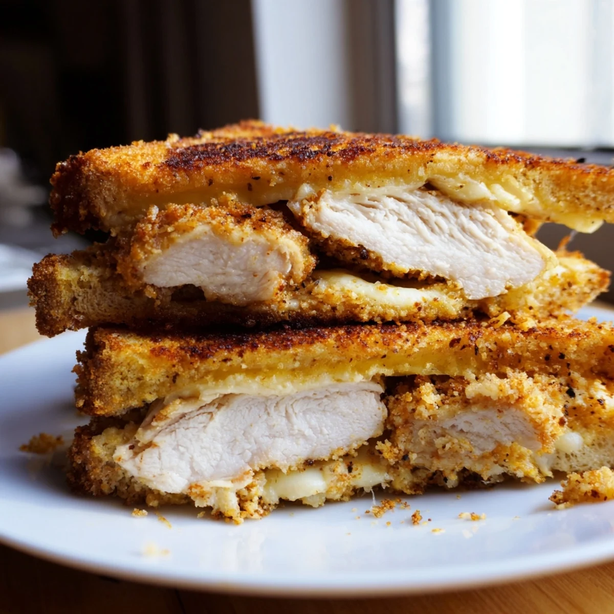 A close-up shot of Crispy Parmesan Chicken Thighs Grilled Cheese, featuring the crunchy chicken and golden bread.