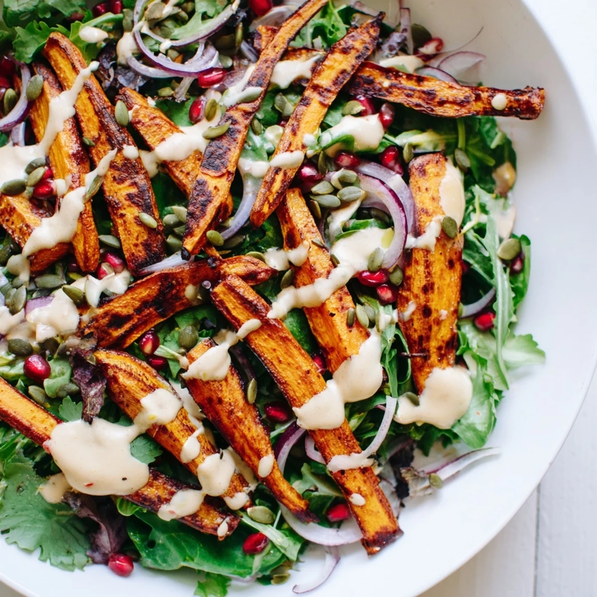 A vibrant Roasted Carrot Salad with tahini-lemon drizzle, showcasing tender roasted carrots and fresh greens.