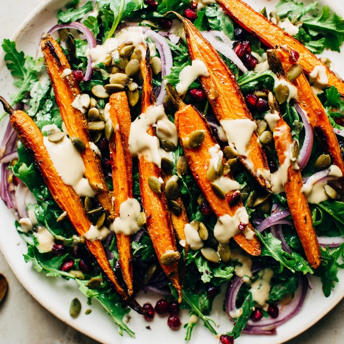 Enjoy this colorful Roasted Carrot Salad, featuring the creamy tahini dressing over perfectly roasted carrots.