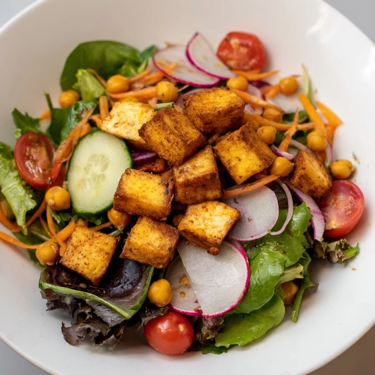 Tossed Mixed Greens Salad with crispy chickpea croutons: a vibrant, flavorful, satisfying meal.