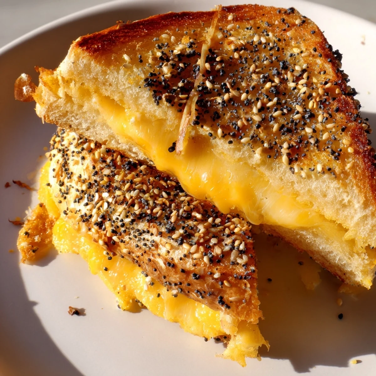 Everything Bagel Grilled Cheese with melted cheddar oozing out, perfect for lunch.