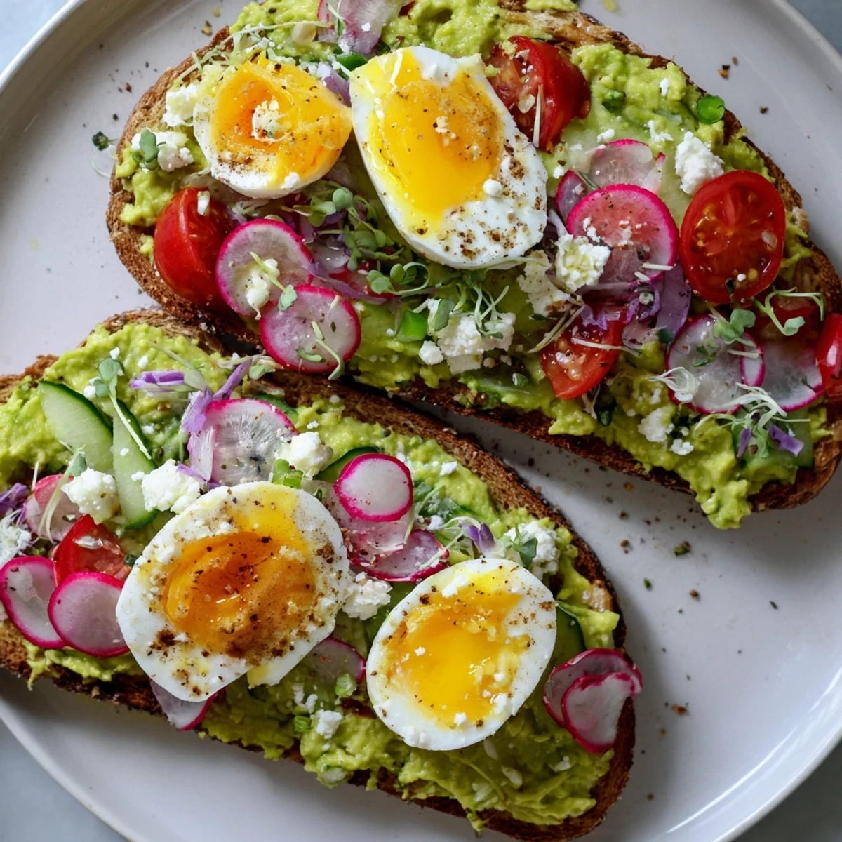 Close-up of golden, toasted sourdough with loaded avocado toast, featuring vibrant fresh toppings.
