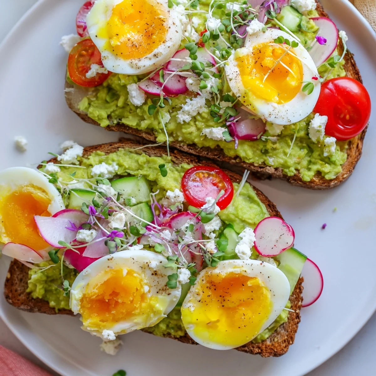 Picture the creamy avocado on this loaded avocado toast, topped with colorful veggies and a perfect egg.