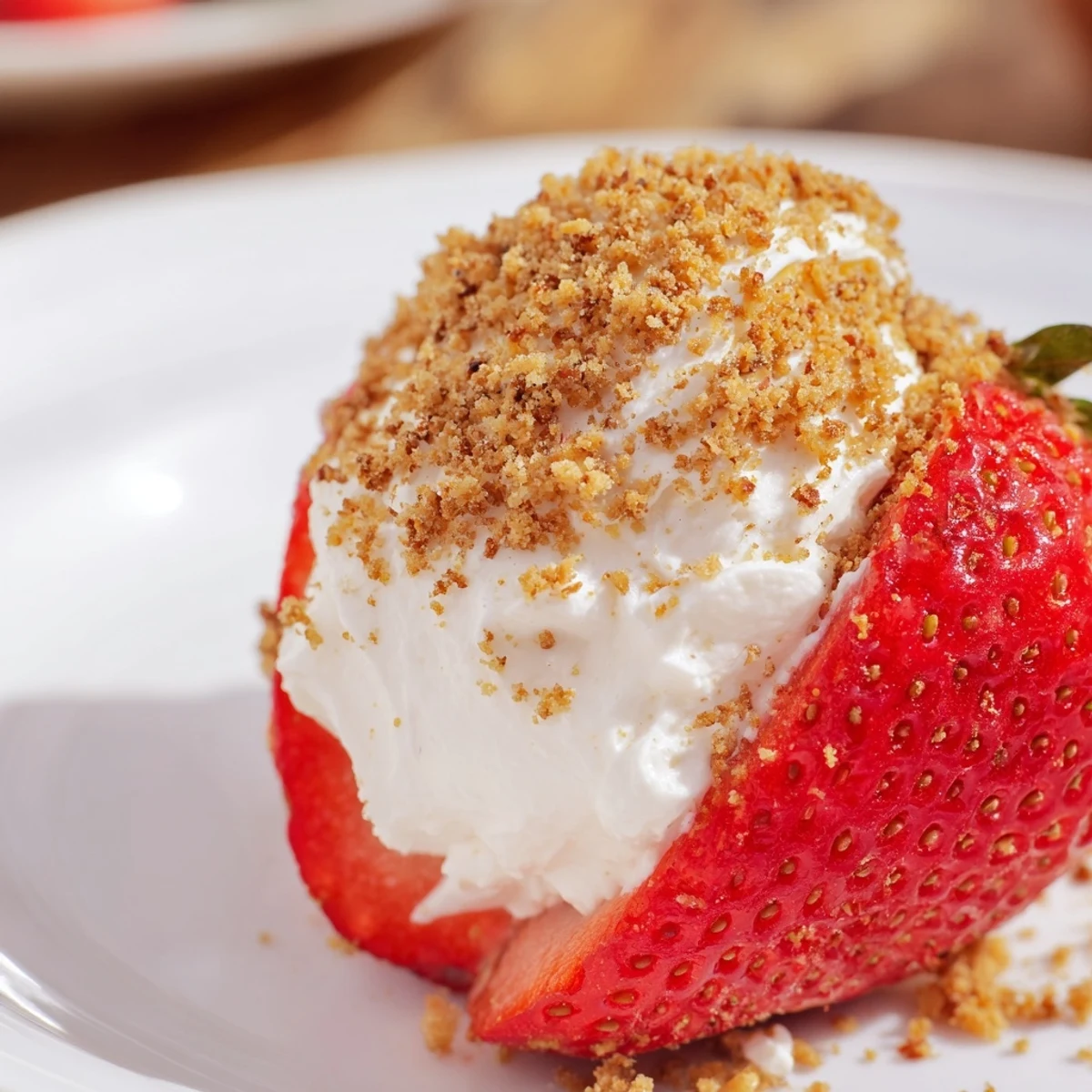 Fresh Cheesecake Stuffed Strawberries, bite-sized delights with creamy filling and graham cracker topping.
