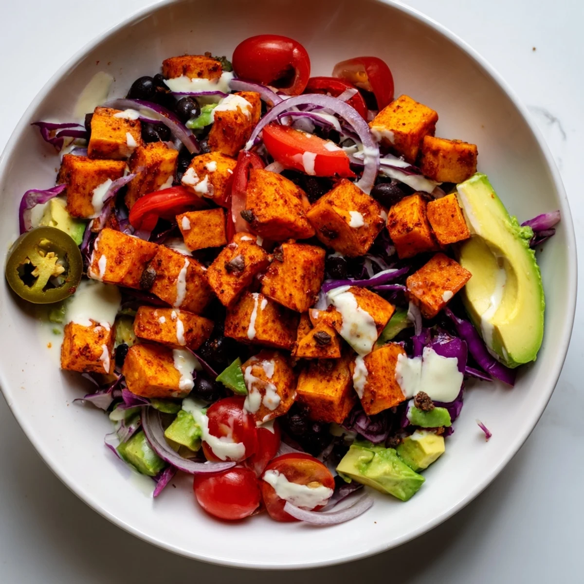 Close-up of vibrant sweet potato taco bowls featuring freshly roasted sweet potatoes, beans, and bright lime dressing.