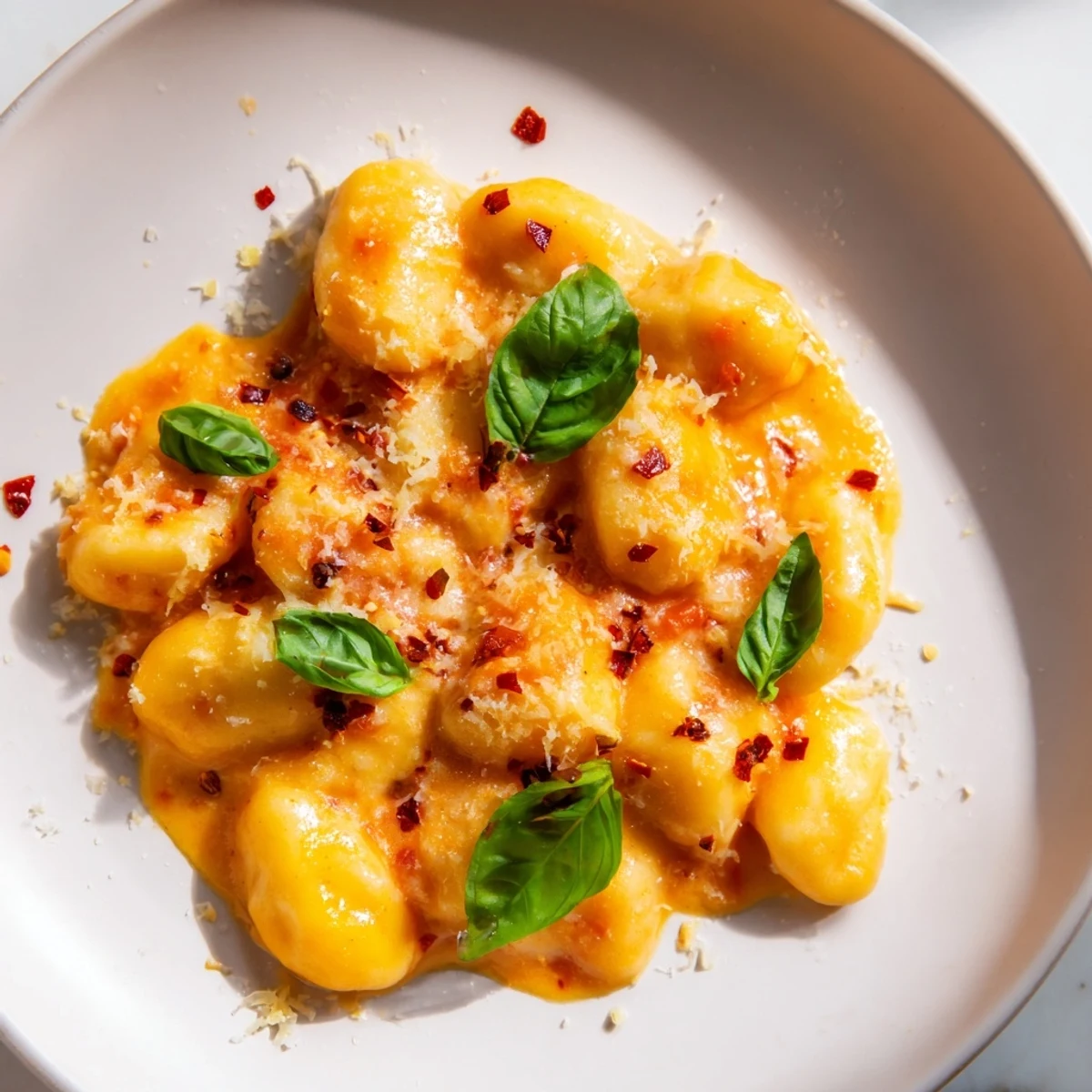 This photo shows freshly-made Creamy Tomato Gnocchi, glistening with Parmesan and garnished with basil leaves.