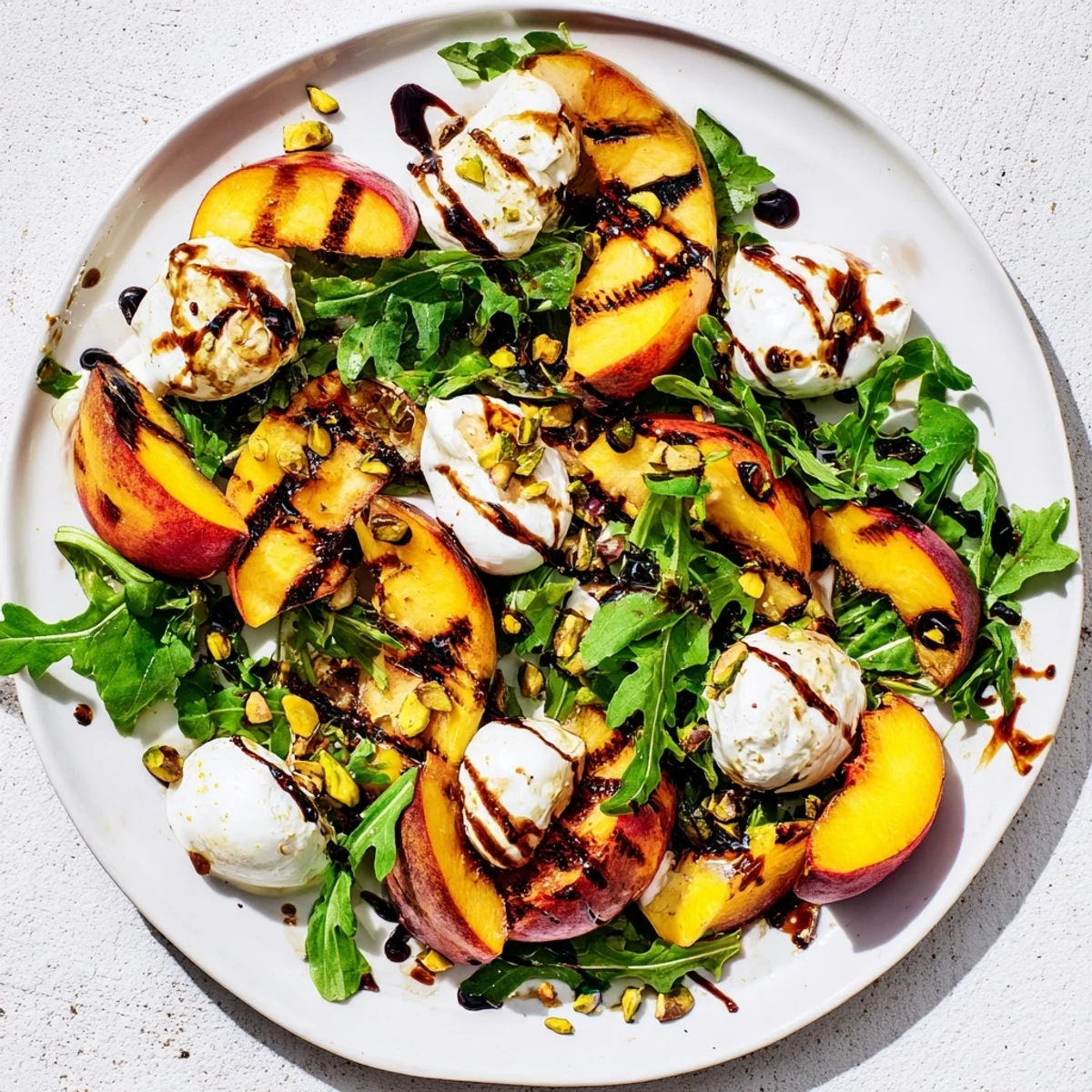 Grilled Peach Salad with charred peaches, creamy burrata, and peppery arugula for a delicious summer meal.