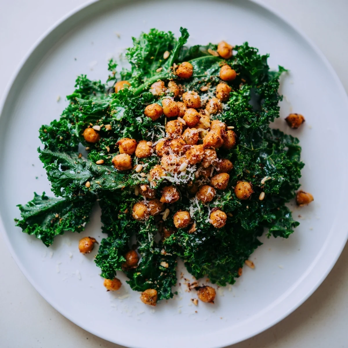 Close view of the Warm Kale Salad with Crispy Chickpeas, showcasing vibrant greens and textured chickpeas.
