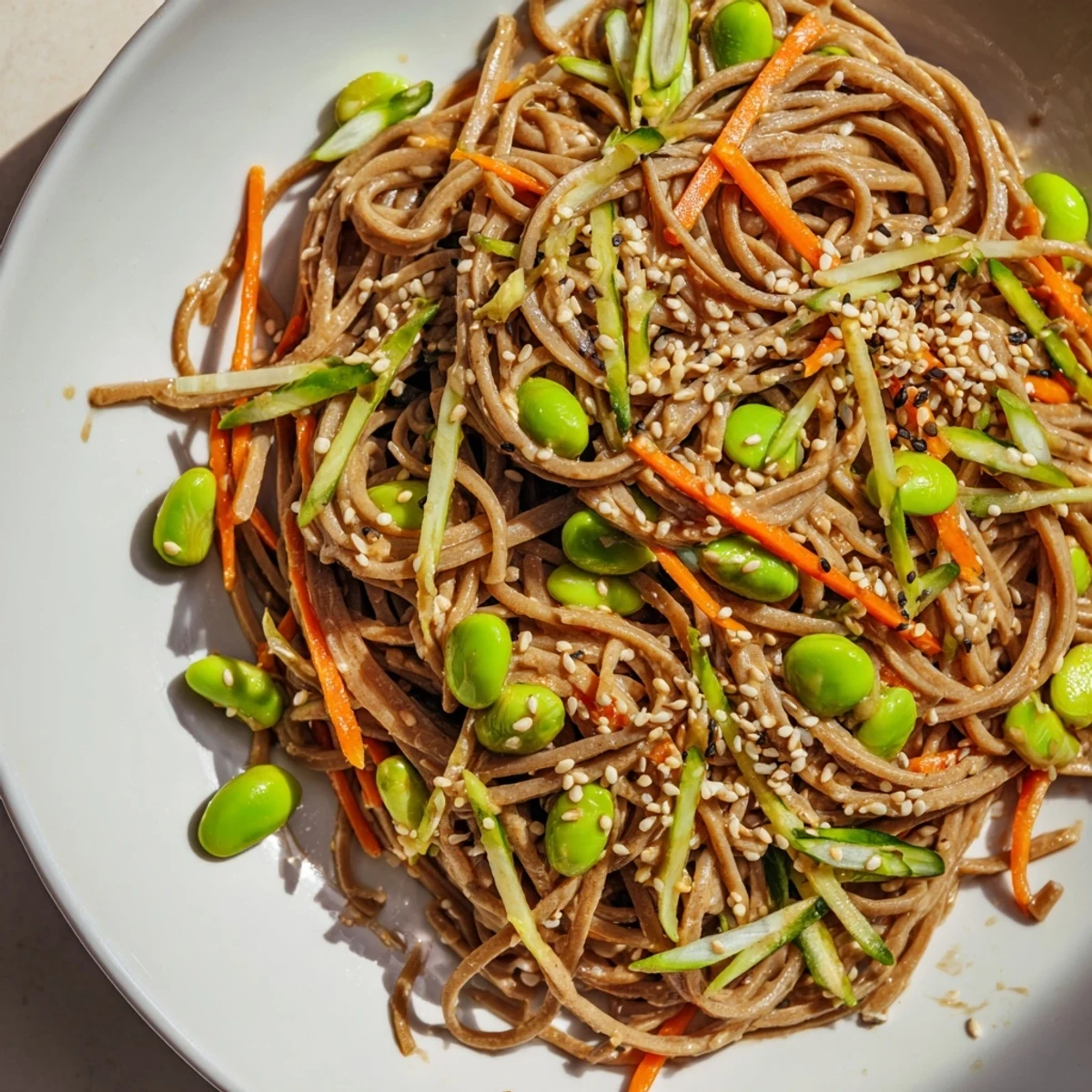 A vibrant bowl of Asian Sesame Noodle Salad, showcasing colorful vegetables beside the noodles.