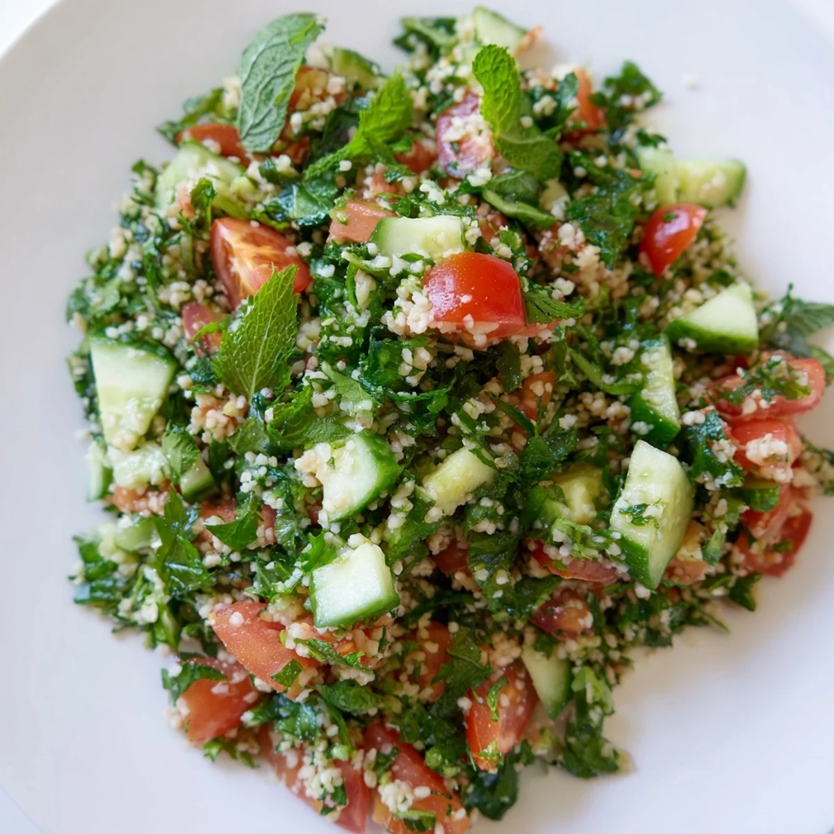 A brightly colored close-up of fresh Lebanese Tabbouleh Salad, showcasing juicy tomatoes and herbs.