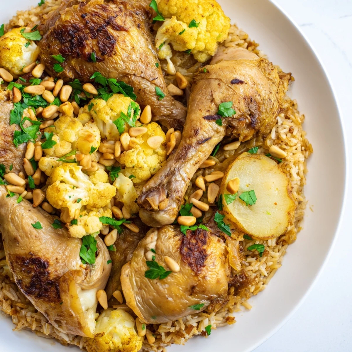 A beautifully layered Palestinian Maklouba showcasing tender chicken, fluffy rice, and golden vegetables.