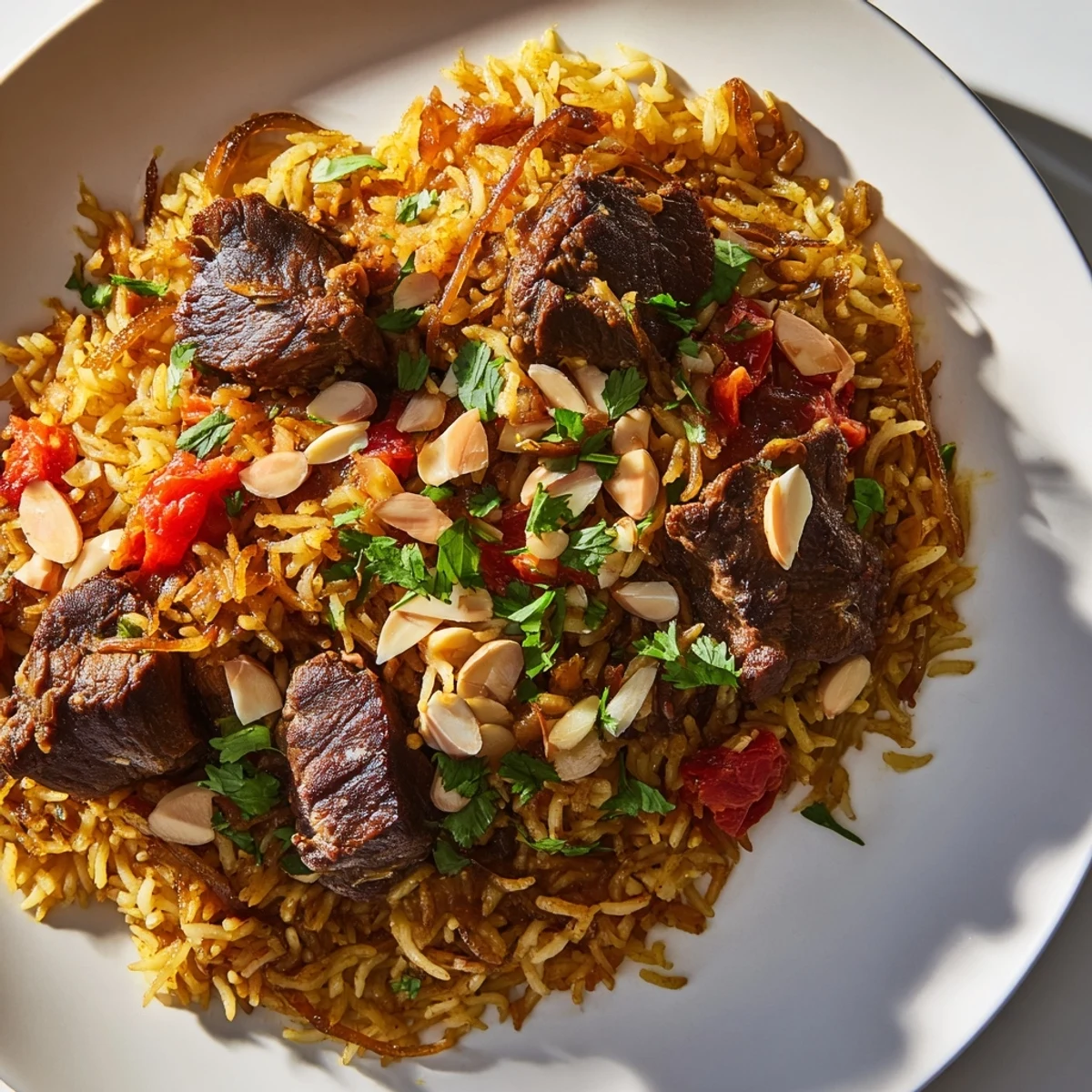 Aromatic Qatari Majboos: Fluffy basmati rice topped with tender lamb, garnished with fresh cilantro.