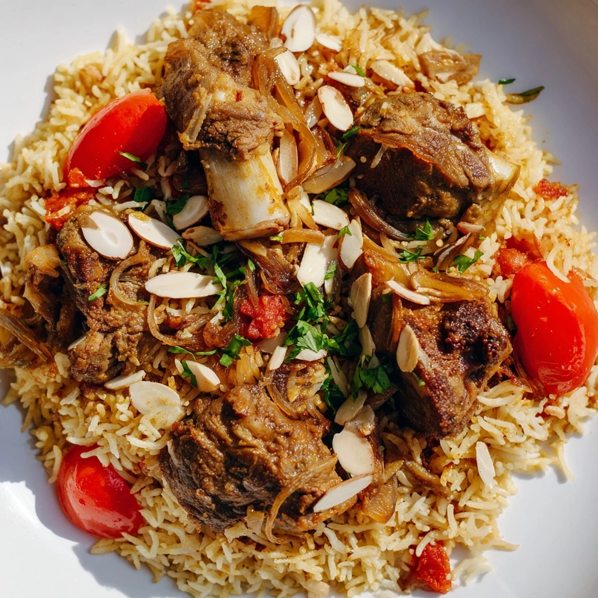 Rich, slow-cooked Qatari Majboos: showcasing savory lamb and fluffy rice infused with traditional spices.