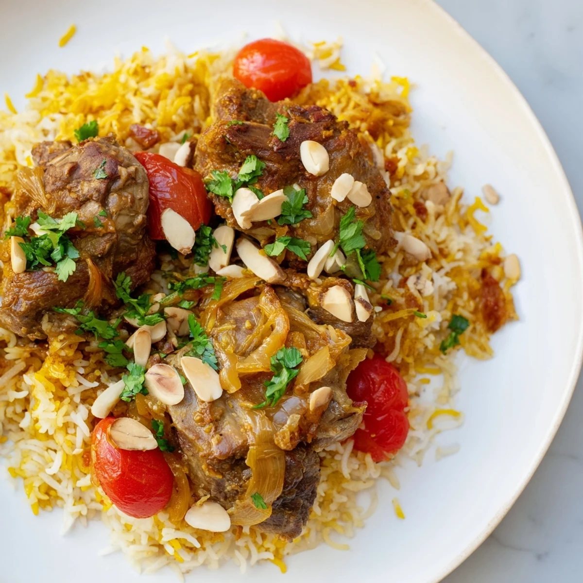 Delicious Qatari Majboos, a Middle Eastern favorite, featuring savory lamb with golden-hued rice.