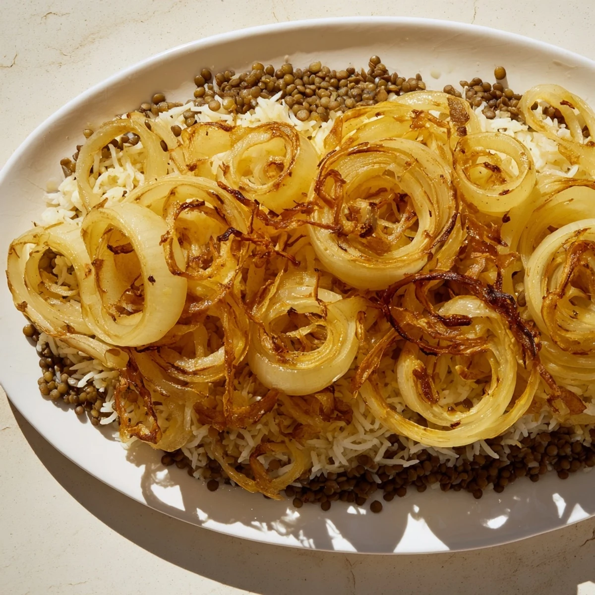 A close-up of deeply browned Lebanese Mjadra, topped with sweet, glistening caramelized onions.
