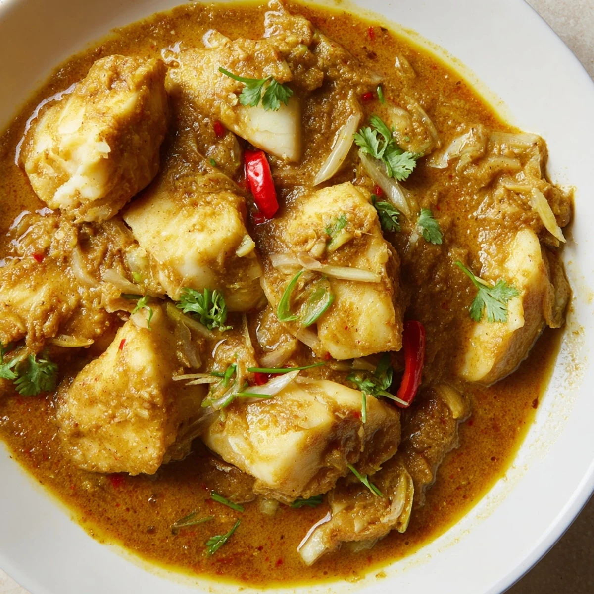 Steaming Bahraini fish curry with chunks of white fish, garnished with fresh cilantro, a flavorful main course.