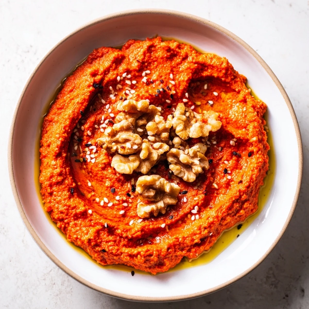 Roasted red peppers and walnuts come together in this flavorful Syrian muhammara dip, perfect for pita.