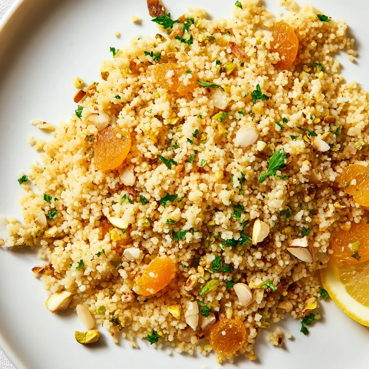 Golden, aromatic couscous pilaf spiced, garnished with fresh herbs and perfect for a vegetarian meal.