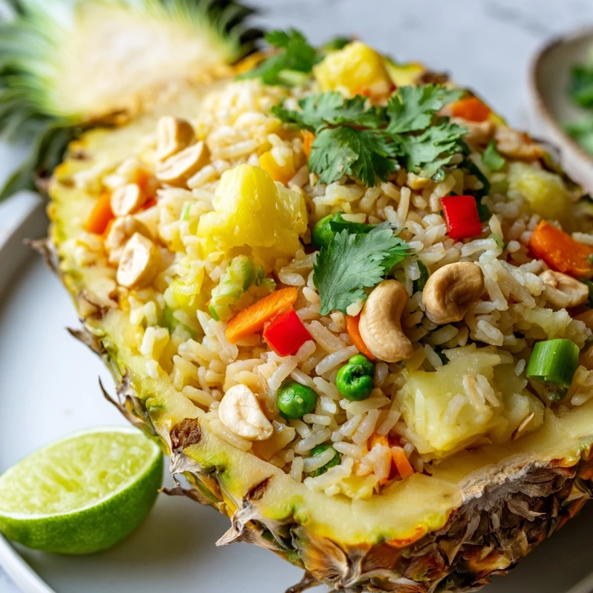 Golden Pineapple Fried Rice with vibrant veggies and cilantro served in a pineapple bowl.