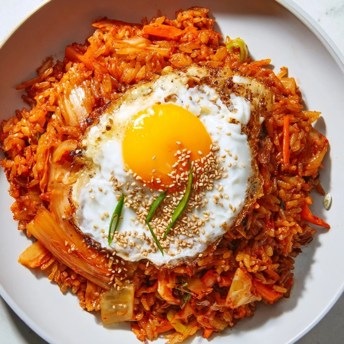 Steaming bowl of kimchi fried rice topped with a golden-yolked fried egg, flavorful and ready to eat.