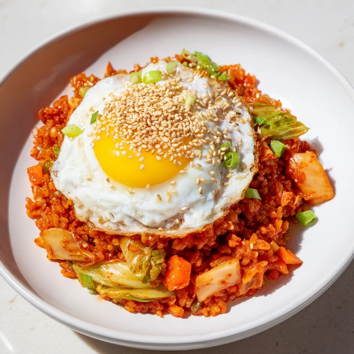 A flavorful plate of quick kimchi fried rice; savor the spicy kimchi and umami rice taste.