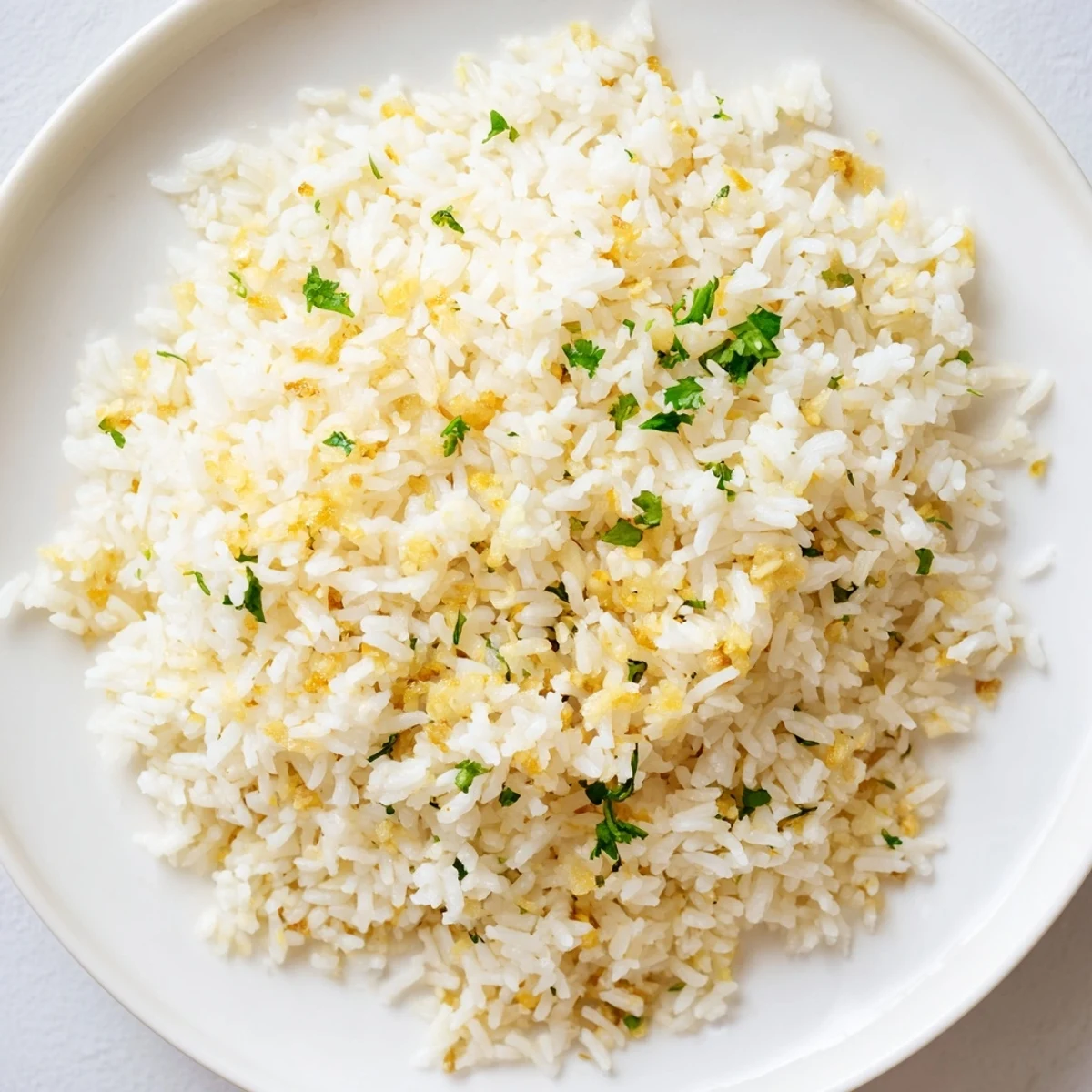 Steaming, golden-hued Jasmine Rice Garlic, seasoned to perfection; a simple, delicious side for a flavorful weeknight meal.