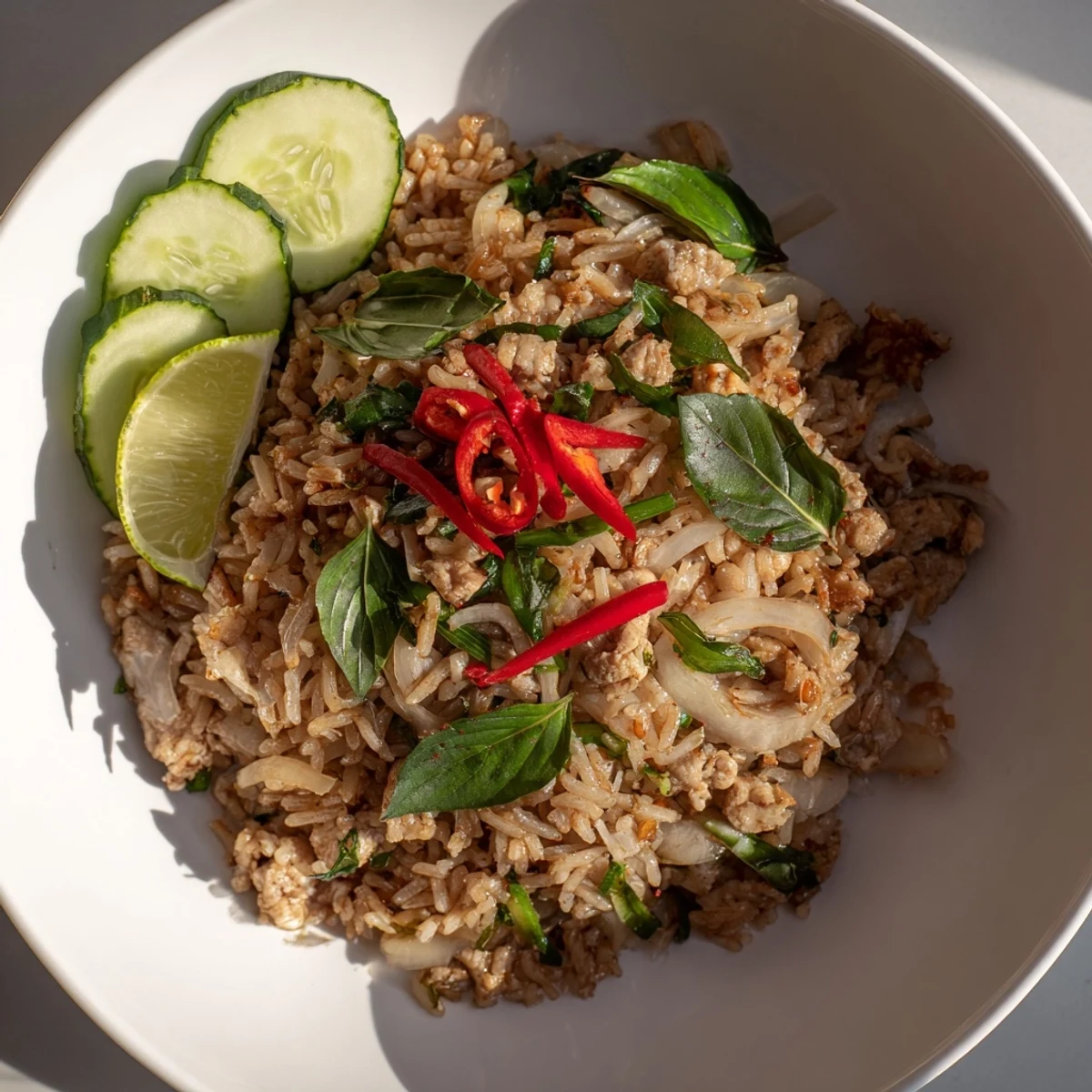 Vibrant plate of Thai Basil Chicken Fried Rice with fragrant basil and savory chicken.