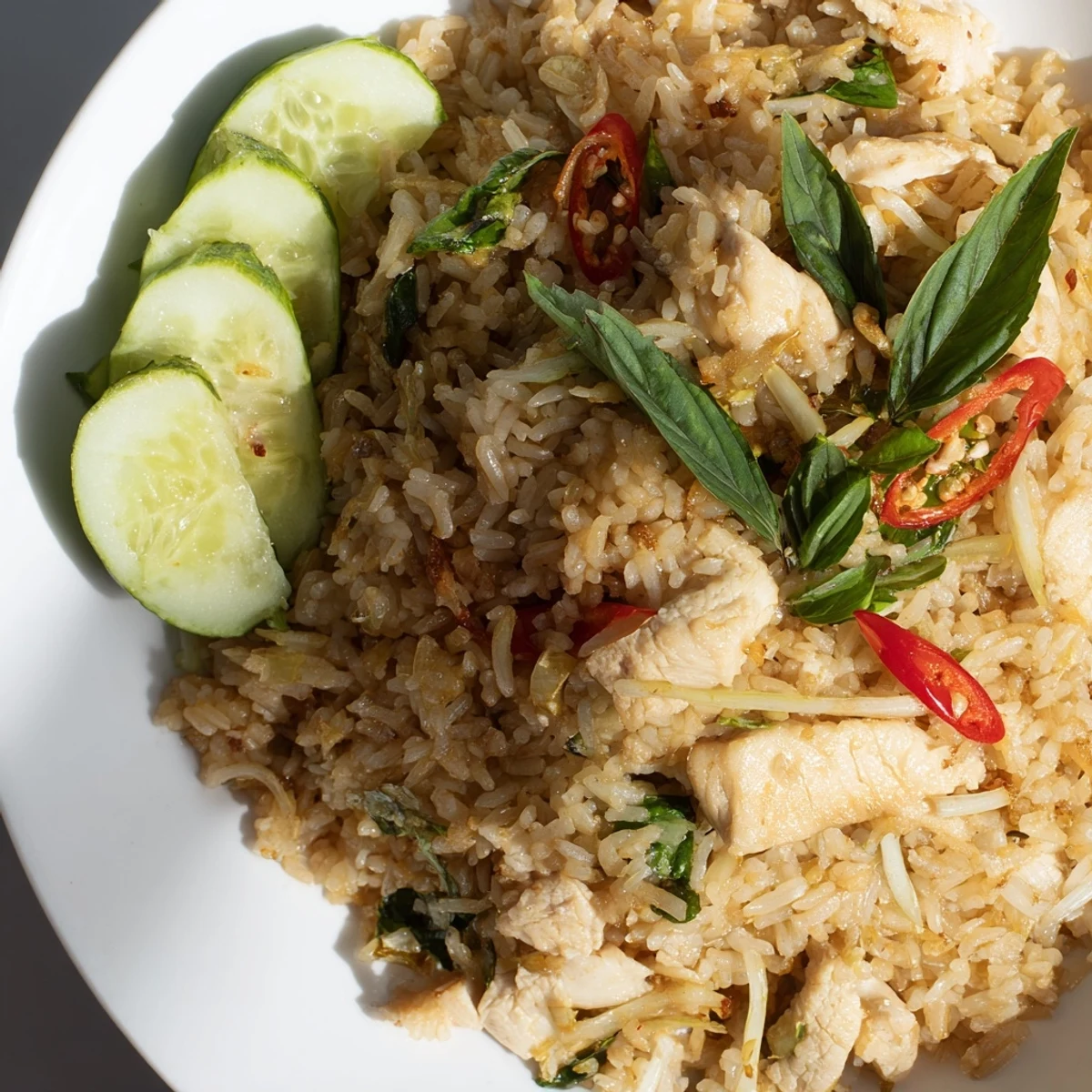 Close-up of savory Thai Basil Chicken Fried Rice with visible herbs, ready for a flavorful bite.