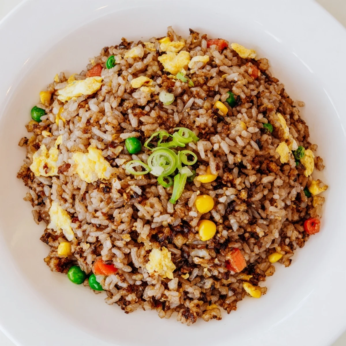 Golden-brown Black Garlic Fried Rice with vegetables; imagine the savory aroma filling the kitchen.