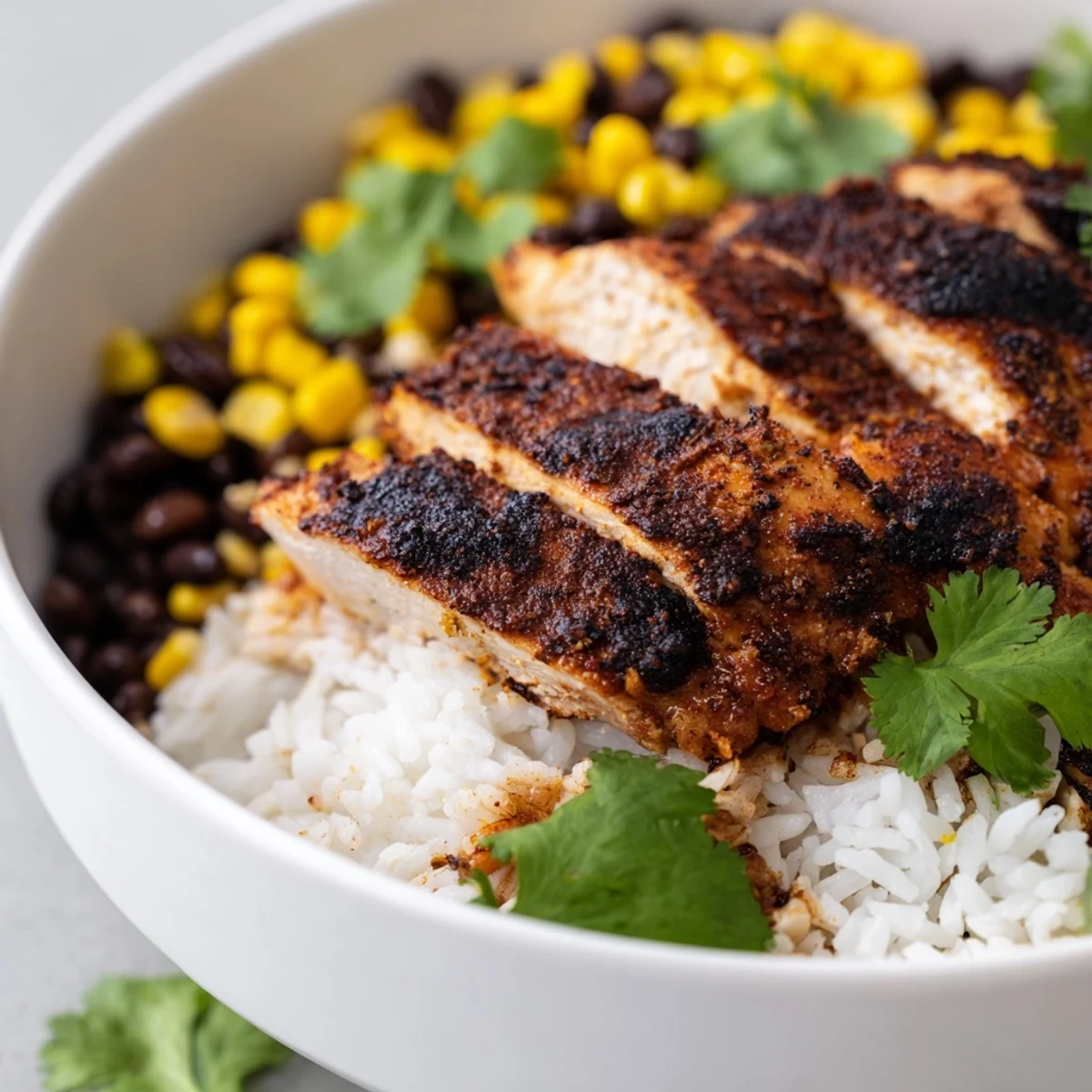 Close-up of a Spicy Chicken Burrito Bowl topped with zesty salsa, cilantro, and melted cheese, served with lime wedges.  