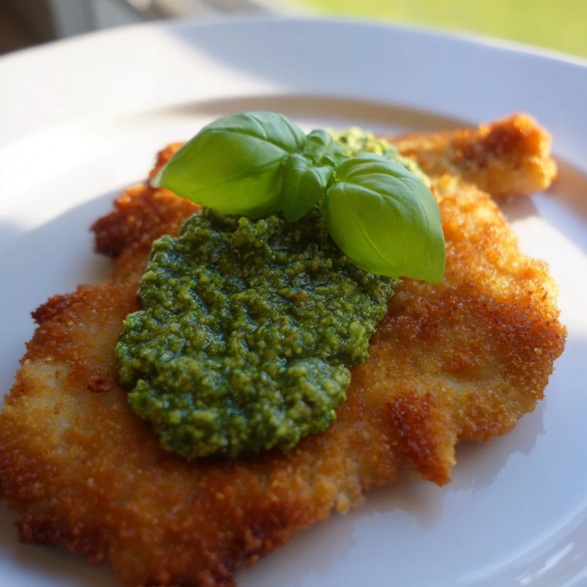 Crispy Pesto Chicken Cutlets display golden, Parmesan-crusted chicken breasts pan-fried until crisp, topped with a generous spoonful of vibrant green basil pesto.  
