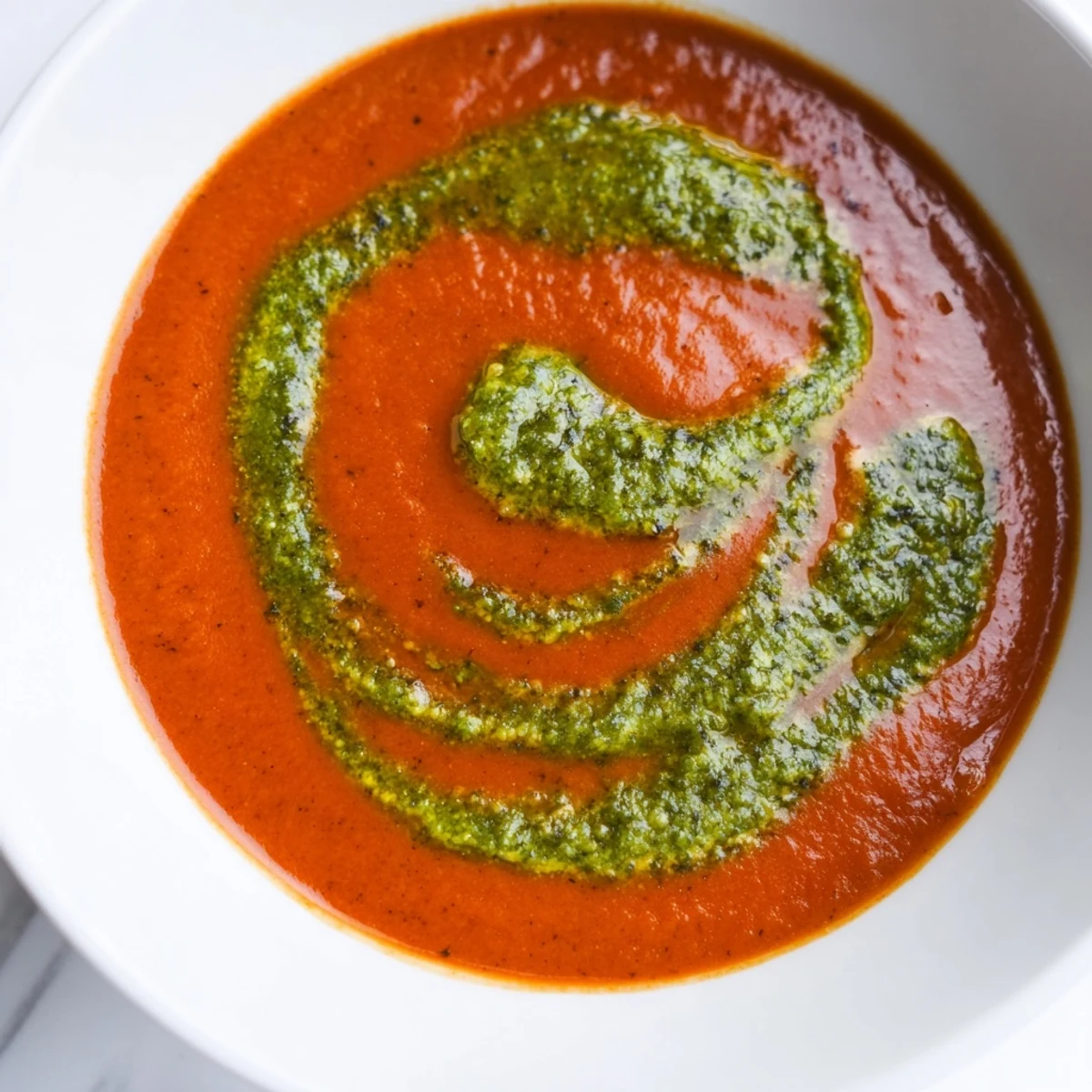 Spoon dipping into a warm bowl of velvety tomato soup with a swirl of basil pesto, served with crusty artisan bread on the side.