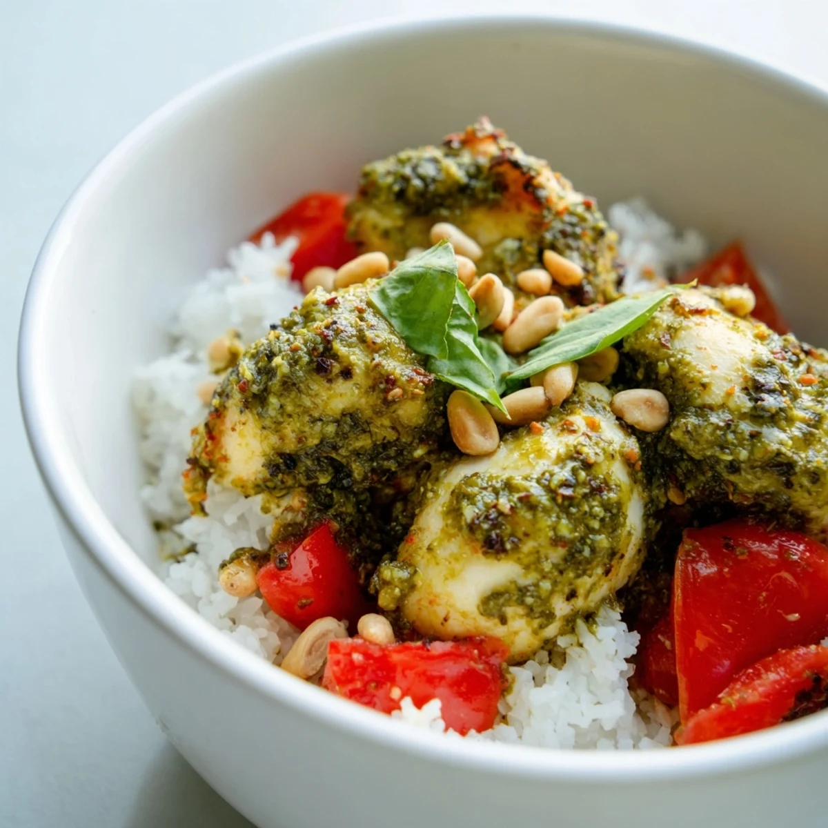 Golden-brown pesto chicken pieces simmered in a green basil sauce, served over fluffy white rice in a rustic bowl.