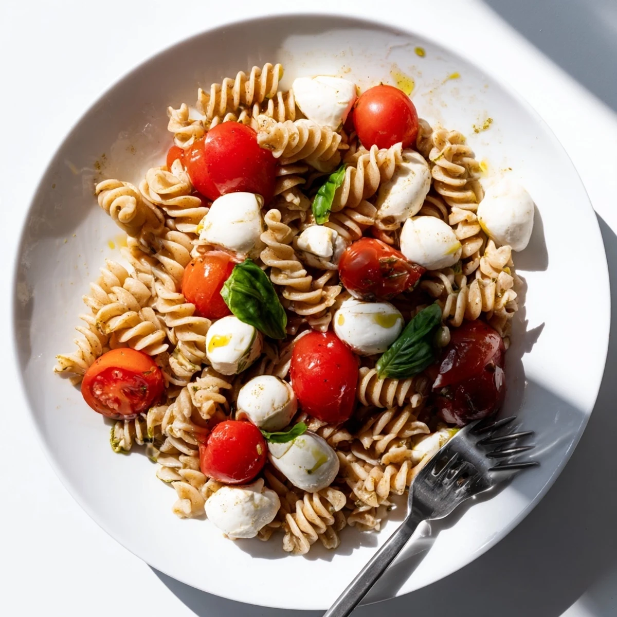 A vibrant Caprese Salad Pasta served as a light vegetarian main, finished with olive oil and optional balsamic glaze garnish.