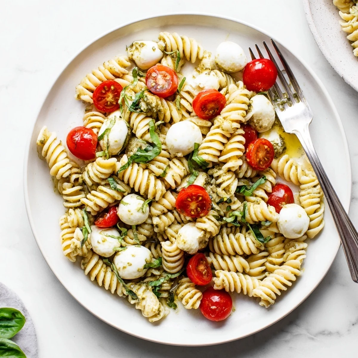 Colorful Caprese Salad Pasta features torn basil leaves, juicy tomatoes, and smooth mozzarella on al dente noodles, ready for a picnic.