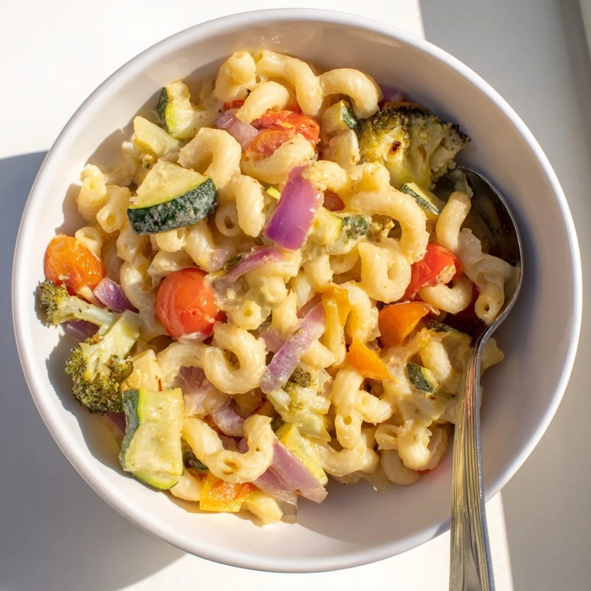 A close-up of creamy Roasted Veggie Mac & Cheese in a rustic bowl, featuring golden cheese sauce clinging to macaroni and tender roasted red peppers and broccoli.