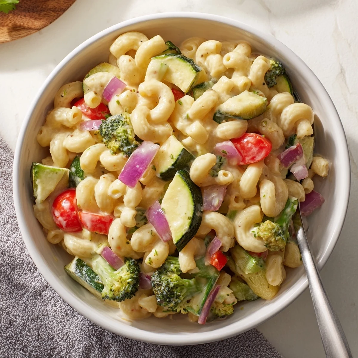 Savory Roasted Veggie Mac & Cheese steams in a ceramic dish, showcasing caramelized cherry tomatoes and zucchini pieces mixed through a rich, velvety cheddar sauce.