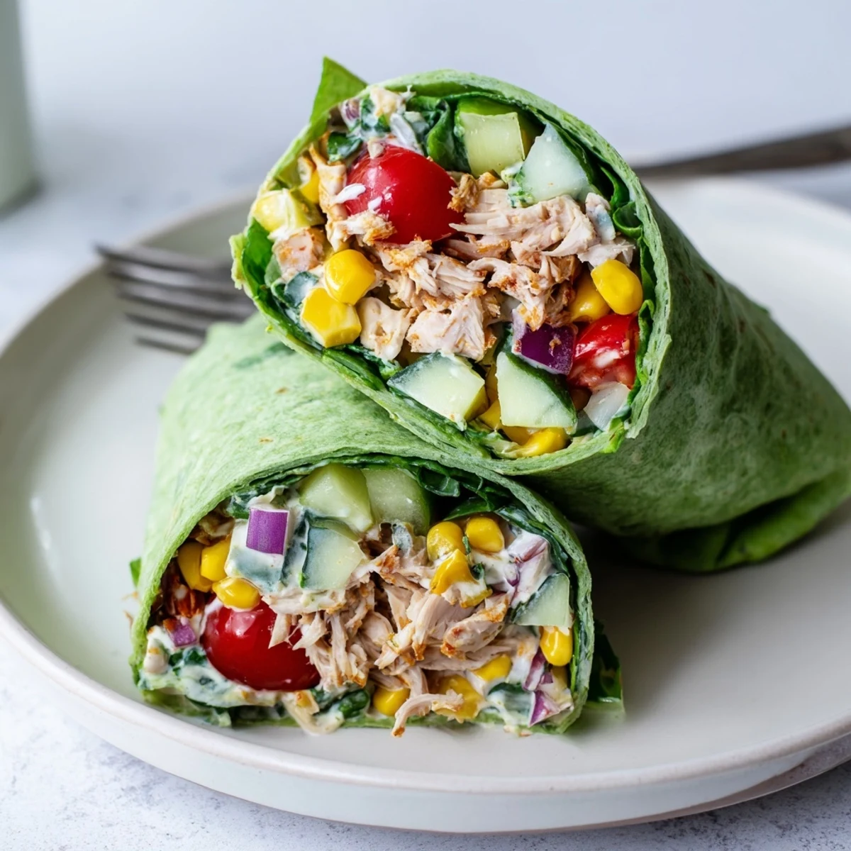 Smoky BBQ Chicken Salad Wraps filled with crisp romaine, corn, and juicy tomatoes in a spinach tortilla.