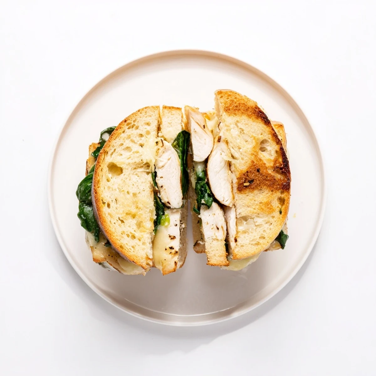 Golden-brown grilled chicken spinach panini, with melty mozzarella and fresh spinach pressed between crusty Italian bread.